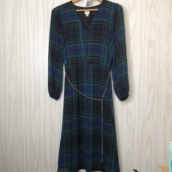 A New Day Long Sleeve Flowly Dress Size Medium Tartan Plaid Pattern Chain Belt - Picture 2 of 10